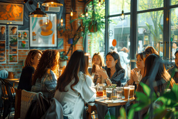 Wall Mural - Empowered Women: Networking and Celebrating Success at a Cafe Business Meeting