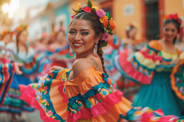 Wall Mural - Portrait of a beautiful Mexican woman dancing folkloriko in the street. lifestyle portrait. 