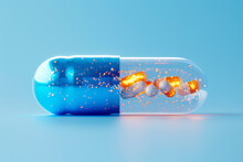 Glowing Orange Particles Inside Blue And White Pill On Light Blue Background In Flat Illustration Style.