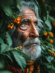 Wall Mural - Portrait of senior man with gray beard and mustache surrounded by flowers