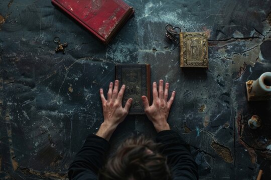 Religious man praying with separated hands up and religious book in the background on black table. Top view.