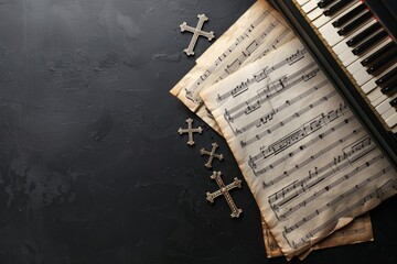 Wall Mural - Religious music background for piano with instrument and sheet music with crosses on top on black table. Top view.