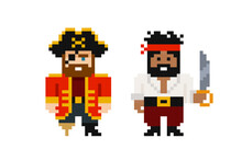 Pixel Art Corsair Pirates Captain Suit And Sailor With Saber Or Sword In Red Bandana - Cartoon Retro 8 Bit Game Style Vector Graphics Set