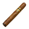 A cigar is shown in its wrapper, with a brown wrapper and a gold stripe