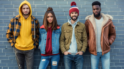 Trendy friends posing in stylish winter attire.