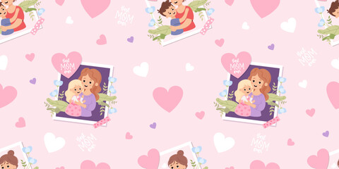 Wall Mural - Seamless pattern with portrait happy mother with daughter and son with flowers on pink background with hearts. Vector illustration in flat cartoon style. Mothers holiday confession