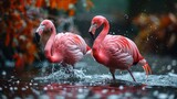Fototapeta Panele - Flamingos in water with autumn leaves