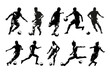 Soccer, football, group of men and women playing football, set of isolated vector silhouettes, team sport athletes