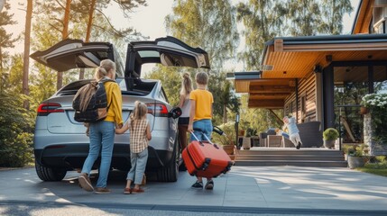 Wall Mural - A family is loading luggage into the rear of their vehicle for a leisurely travel, surrounded by trees and plants. AIG41