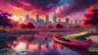 Vibrant cityscape at sunset with reflections on water and a red canoe in the foreground.