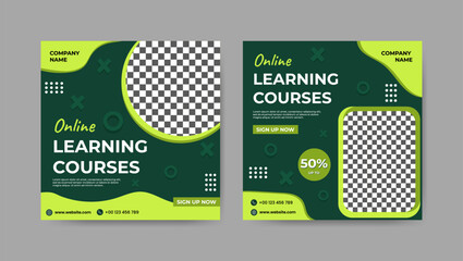 collection of green geometric digital study, online learning courses social media post templates. sq