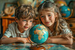 Two children looking at a globe at home
