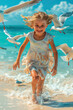 Little girl running on the beach surrounded by seagulls