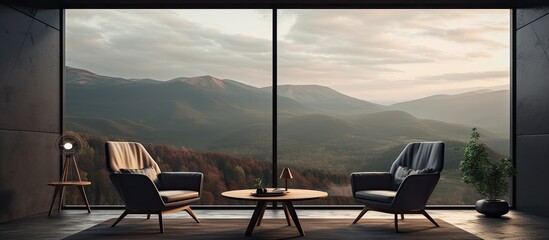 A cozy living room featuring two chairs and a table with a view of the majestic mountains through a large window, connecting the indoors with the beautiful landscape outside