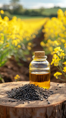 Canvas Print - Rapeseed oil in a bottle and a field of flowering rapeseed in the background. AI generativ.