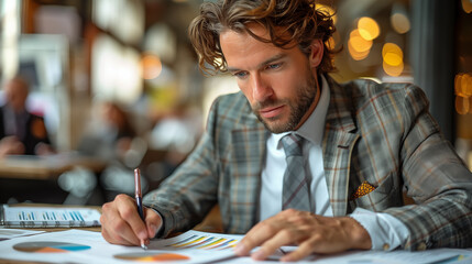 Wall Mural - Handsome businessman working in a cafe, sitting at a table and writing notes