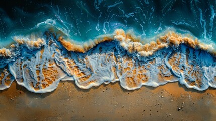 Wall Mural - Aerial view of ocean waves crashing on a sandy beach