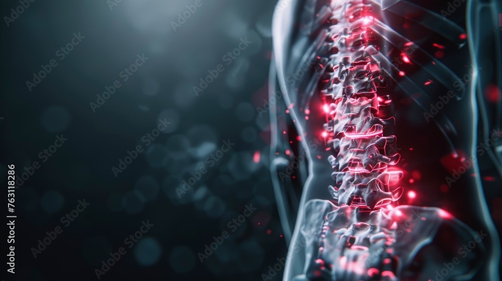 X-ray of a human's back, with red markings of pain hotspots, 3D render ...