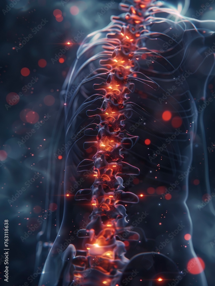 X-ray of a human's spine, with red markings of pain hotspots, 3D render ...