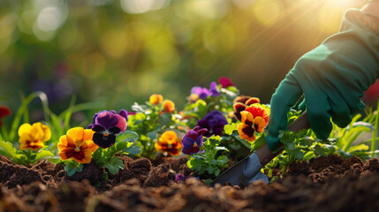 Canvas Print - A gloved hand is planting vibrant pansies in the garden soil.