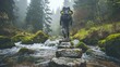 A backpack-wearing person using stepping stones to cross a mountain creek. Generative Ai