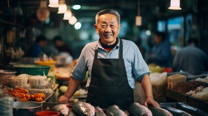 Wall Mural - Fish market diversity urban setting stalls and vibrant signs