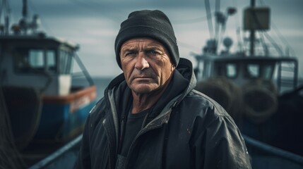 Canvas Print - At the helm deep-sea fisherman dynamic fishing port behind