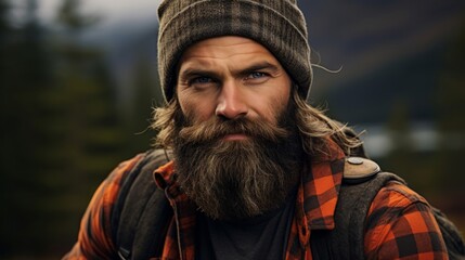 Canvas Print - Weathered lumberjack in forest plaid shirt bearded face shown