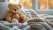 cute stuffed animal toy teddy bear sitting on cozy bed, Generative Ai	
