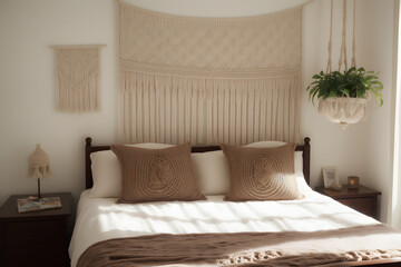 Arafed bed with a white blanket and two pillows and a plant