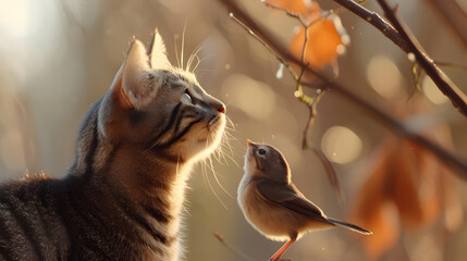 Wall Mural - Cat Gazing at a Perched Bird in Soft Light