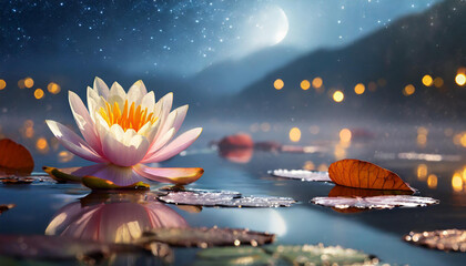 Wall Mural - Lotus flower in water. Water lily in the pond. Magic night light