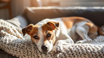 Wall Mural - Jack Russell Terrier Resting on a Cozy Blanket with Warm Sunlight