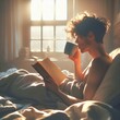man reading on bed with coffee 