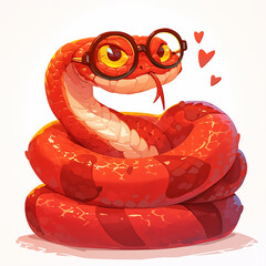 Wall Mural - 2025 A red snake wearing glasses and a heart on its head. The snake is curled up and he is in a playful mood