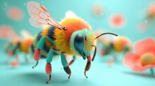 Whimsical 3d Rendered Bee On Flower Meadow: Vibrant And Detailed 3d Illustration Of A Cartoon Bee In A Dreamy Flower Meadow