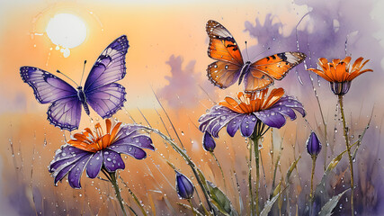 Aufkleber -  delicate violet flowers in drops of dew and butterflies against the background of sunrise