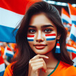 Dutch Young Female Soccer Fan with Painted National Flag Cheeks at UEFA Euro Championship
