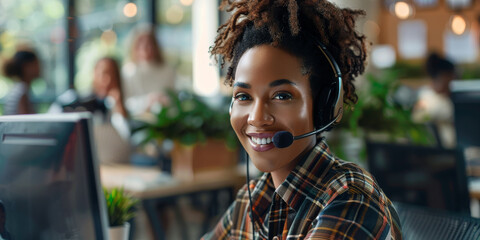 A woman with a smile on her face is wearing a headset while sitting in front of a computer, likely in a customer service setting.