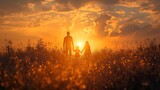 Fototapeta Młodzieżowe - happy father mother and son holding hand walking on wild grass field at sunset time, family time, Generative Ai