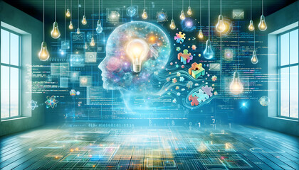 Working on AI development, blending elements of code, digital data, and abstract representations of cognitive functions like problem-solving and creativity.
