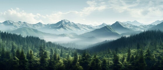 Sticker - a mountain range landscape filled with pine forest