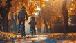 A park father is teaching his youngster how to ride a bike. Generative Ai