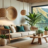 Fototapeta  - Wnętrze salonu w stylu eko z dodatkami w stylu japandi