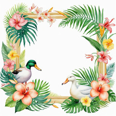  Watercolor tropical summer frame with ducks, flowers and leaf