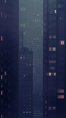 Wall Mural - Dark synth 32 bit style misty skyline of a dense city at night with skyscrapers.