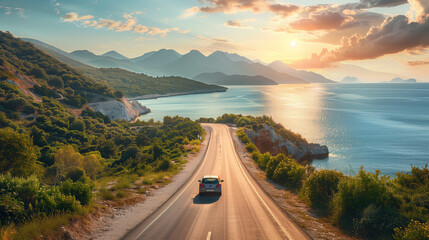 Wall Mural - A sleek car glides down a winding road hugging the rugged coastline, with waves crashing against the cliffs