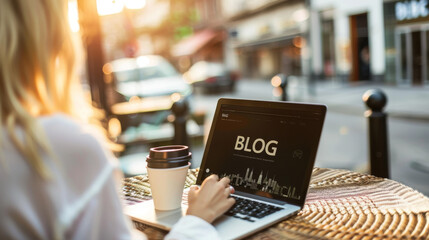 Wall Mural - A person is using a laptop with a 'BLOG' screen visible, accompanied by a cup of coffee on a wicker table.