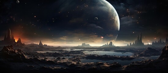 A futuristic landscape with a massive planet looming in the sky, surrounded by swirling clouds and a horizon dotted with futuristic buildings