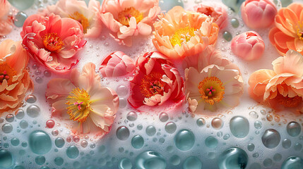 Colorful flowers floating in water with bubbles, a serene and fresh floral background.